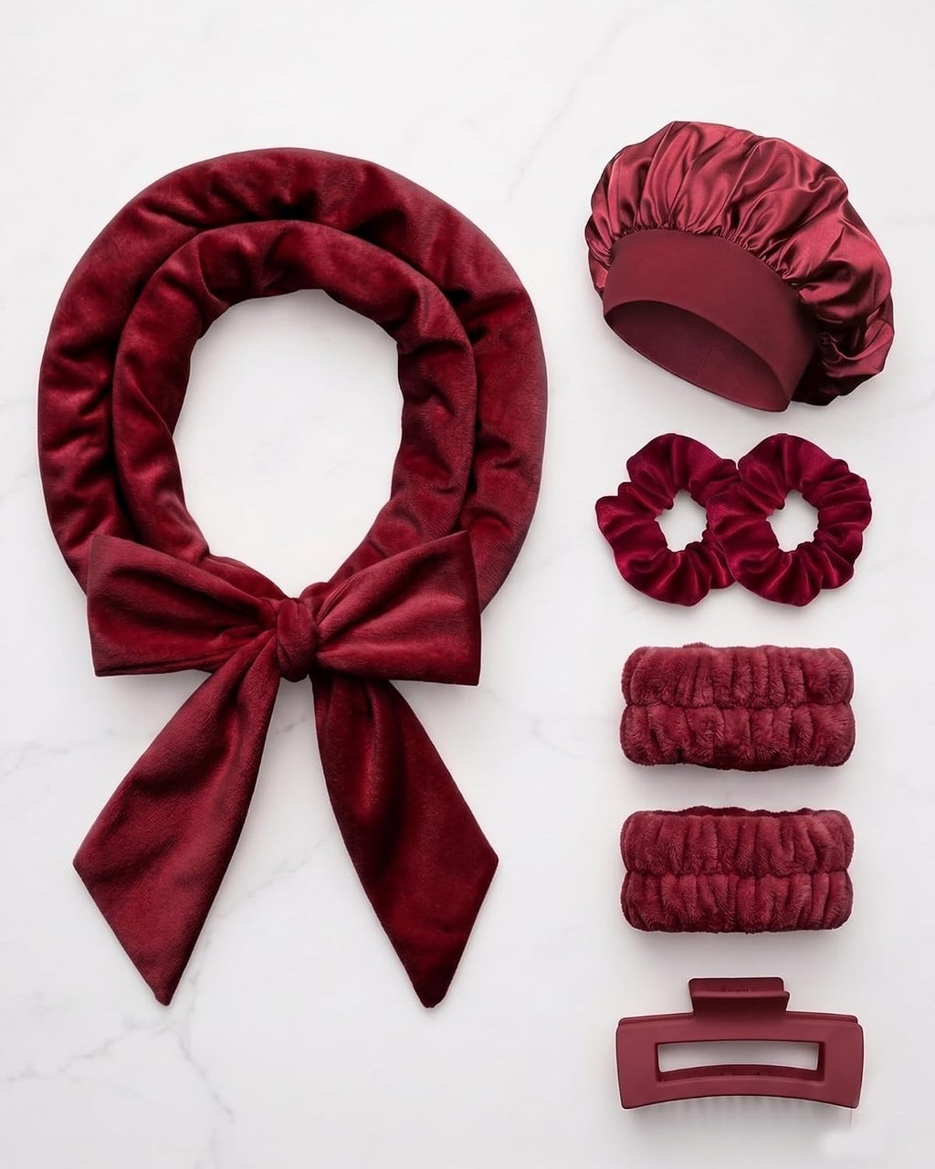 Professional 7 Pcs Heatless Hair Curler Set - Black Satin Overnight Curls Headband with Sleep Bonnet, Square Claw Clip, Scrunchies & Wrist Washbands for No Heat Waves -Red