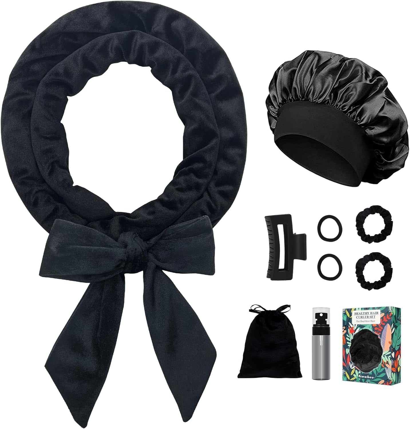Heatless Hair Curler - Heatless Curls Headband, 70" Hair Curler No Heat to Sleep in Overnight Curls Headband, 9 PCS Soft Heatless Curler Curling Set with Bonnet for Women Long Hair - Black