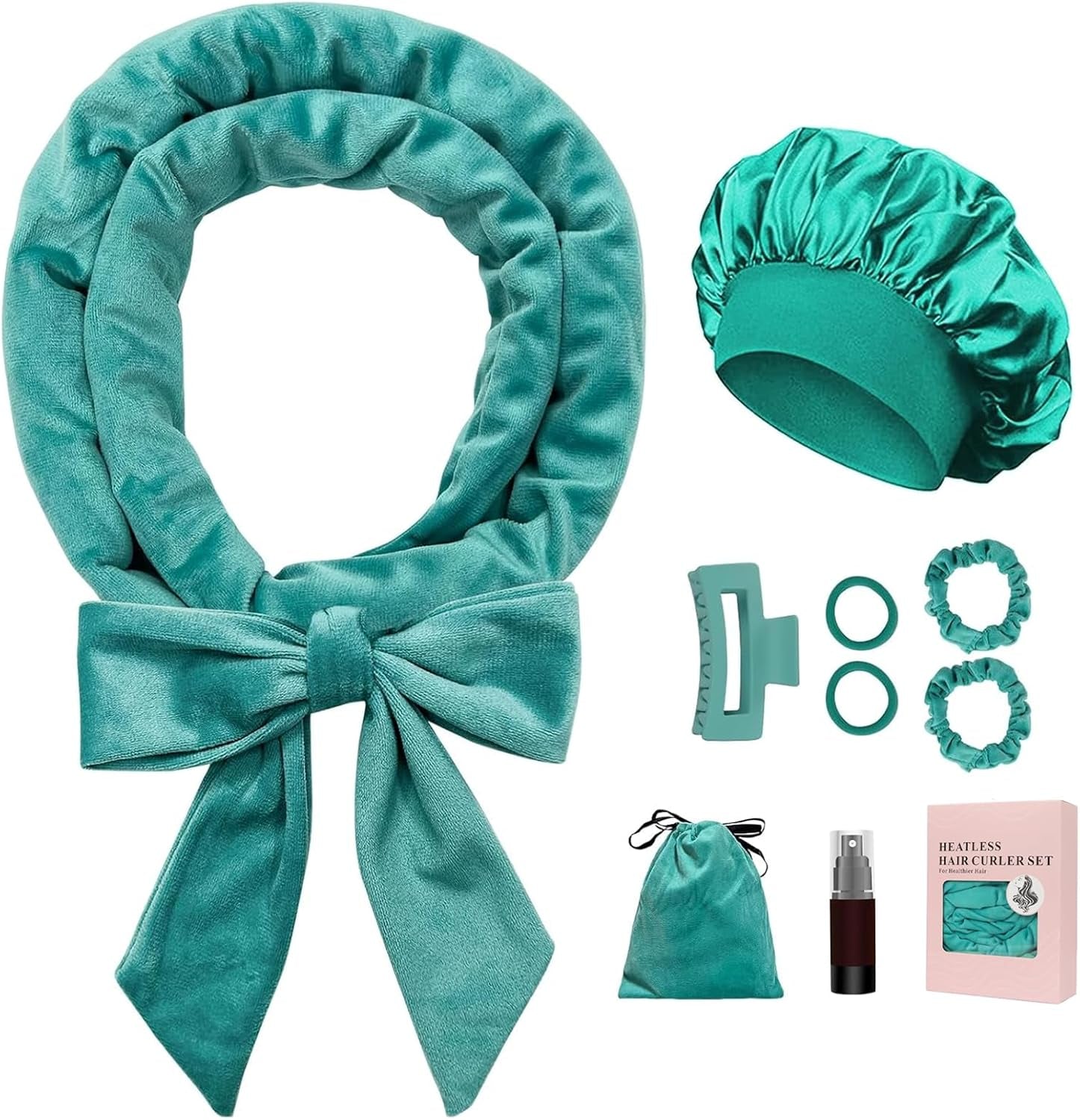 No Heat Overnight Curl Headband, 70" Soft Ribbon Wrap for Long Hair, 9 PCS Hair Curling Rods Set - Blue Green